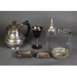 SMALL, MIXED LOT OF ELECTROPLATE, comprising: HOT WATER JUG, GOBLET, PEPPERETTE, PAIR OF SUGAR