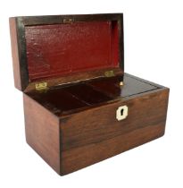 19th CENTURY ROSEWOOD RECTANGULAR TEA CADDY, with hinged lid and two interior lidded compartments, 8