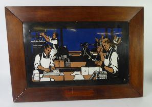 ENAMELLED ON METAL A DEPICTION OF A BOOK BINDING WORKS with four workmen and various tasks signed