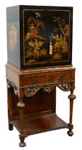 LATE 20th CENTURY NOVELTY COCKTAIL CABINET as a Chinese laquered chest-on-stand, with walnut