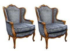 PAIR OF FRENCH WALNUT FAUTEUIL CHAIRS wiht blue leopard print upholstery, (2)