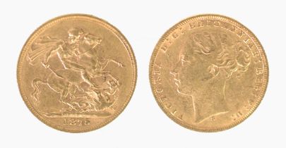 VICTORIAN 1875 GOLD FULL SOVEREIGN, young head and St George, horse with long tail, Sydney mint,