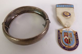 ROYAL MASONIC INSTITUTION FOR GIRLS 1981 STEWARD BADGE AND RIBBON, and A SILVER HINGE OPENING
