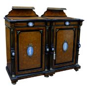 PAIR OF VICTORIAN AESTHETICS EBONISED AND AMBOYNA PIER CABINETS, with Wedgwood blue jasper ware