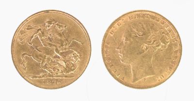 VICTORIAN 1876 GOLD FULL SOVEREIGN, young head and St George inverted (VF)