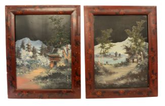 PARI FO JAPANESE PRINTED AND embossed landscapes, one a village scene the other of islands and small