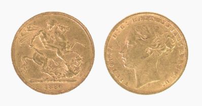 VICTORIAN 1874 GOLD FULL SOVEREIGN, young head and St George inverted (EF)