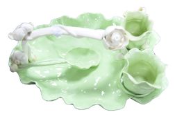GEORGE JONES & SONS CERAMIC STRAWBERRY SET in celadon glaze and with white glazed handles, compete