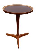 HANS C ANDERSEN, SCANDINAVIAN, TEAK PEDESTAL WINE/OCCASIONAL TABLE with inset black vinyl top,