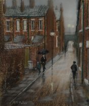 BERNARD McMULLEN (1952-2015) PASTEL Rainy street scene with figures Signed 9 ½” x 7 ¾” (24.1cm x