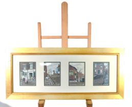 BRIAN HILL TWO FRAMED SETS OF FOUR ‘NOSTALGIA MINIATURE’ COLOUR PRINTS Northern Street scenes, Set