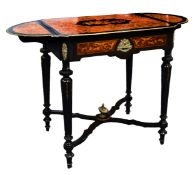 CONTINENTAL EBONINSED DROP LEAF SIDE TABLE with Sorrento marquetry musical regalia and scrolling