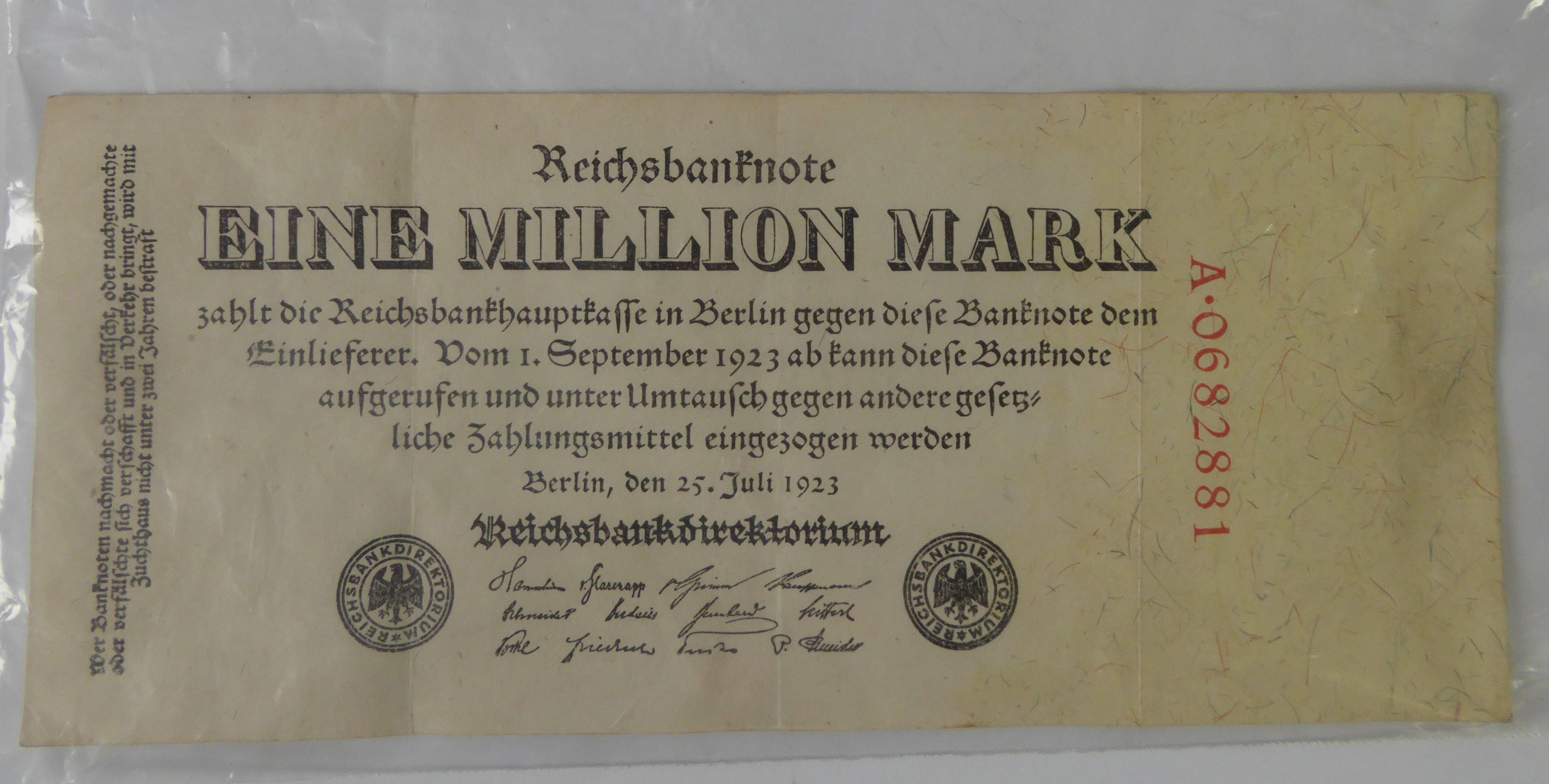 GERMAN HYPERINFLATION BANK NOTE, issued 1st September 1923 for one million Marks (Eine Million Mark)
