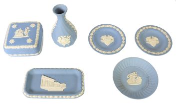 WEDGWOOD PALE BLUE AND WHITE JASPER WARE, six pieces Viz square box and cover, a vase pair of