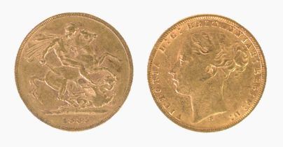 VICTORIAN 1885 GOLD FULL SOVEREIGN, young head and St George inverted, small BP (EF)