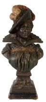 LARGE EDWARDIAN PAINTED SPELTER BUST, of a society lady in feather bonnet and flared collar