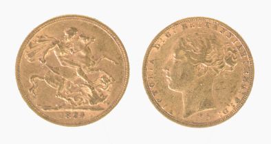 VICTORIAN 1874 GOLD FULL SOVEREIGN, young head and St George, horse with long tail, Sydney mint,