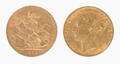 VICTORIAN 1886 GOLD FULL SOVEREIGN, young head and St George inverted, Melbourne mint, (EF)