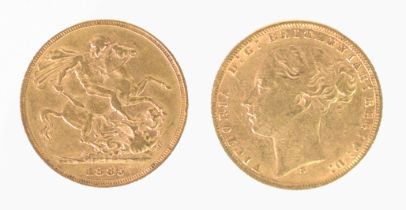 VICTORIAN 1885 GOLD FULL SOVEREIGN, young head and St George inverted, Sydney mint, (VF)