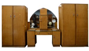 1930's ART DECO BIRDS EYE MAPLE BEDROOM SUITE with his & hers wardrobes, pedestal dressing table,
