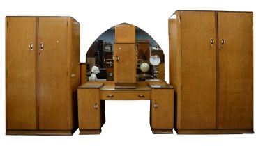 1930's ART DECO BIRDS EYE MAPLE BEDROOM SUITE with his & hers wardrobes, pedestal dressing table,