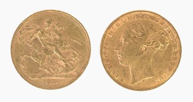 VICTORIAN 1876 GOLD FULL SOVEREIGN, young head and St George inverted (VF)