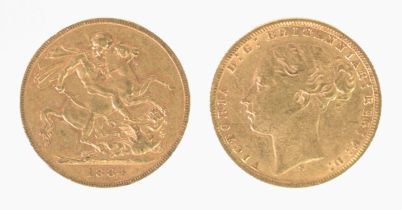 VICTORIAN 1884 GOLD FULL SOVEREIGN, young head and St George inverted, small BP (VF)