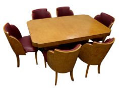 EPSTEIN BROTHERS ART DECO BURR WALNUT DINING TABLE AND SIX MATCHING CLOUD CHAIRS, TABLE 65 3/4 (