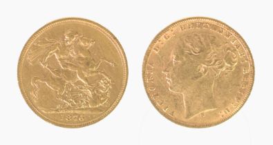 VICTORIAN 1874 GOLD FULL SOVEREIGN, young head and St George, Melbourne mint, (VF)