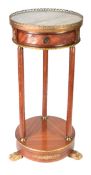 LOUIS XVI STYLE KINGWOOD AND PINK MARBLE DRUM SHAPED SIDE TABLE, on tripartire platform base,