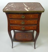 19th CENTURY FRENCH EMPIRE KINGWOOD three drawer nightstand with galleried sanguineous marble top