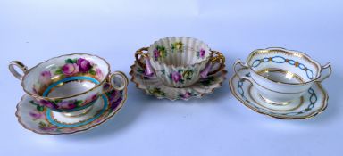 TWO GEORGE JONES & SONS, FOR CRESCENT CHINA, CHOCOLATE CUPS AND SAUCERS, one with raised gilding and