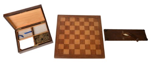 ANTIQUE HARDWOOD PLAYING CARD BOX, with parquetry inlaid border to the hinged lid, the four