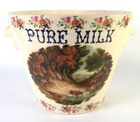 19th CENTURY CREAM POTTERY MILK PAIL, with two side handles , pink rose spray border to top and