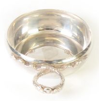 SILVER TASTEVIN WINE TASTING CUP WITH PLAIN CIRCULAR SHALLOW BOWL, embossed double snake pattern