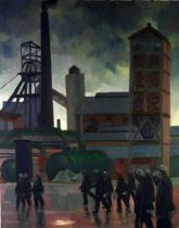 ROGER HAMPSON (1925 - 1996) OIL PAINTING ON CANVAS 'Astley Green Colliery' with miners going on