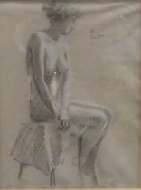 FOLLOWER OF AUGUSTUS JOHN (1878-1961) PENCIL DRAWING ON COLOURED PAPER Seated female nude Bears