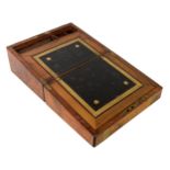 19th CENTURY FIGURED WALNUT WOOD AND BRASS BOUND PORTABLE WRITING BOX, with good tooled and gilt