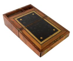 19th CENTURY FIGURED WALNUT WOOD AND BRASS BOUND PORTABLE WRITING BOX, with good tooled and gilt