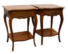 PAIR OF MODERN WALNUT FRENCH STYLE BEDSIDE TABLES with carved diaper pattern drawer fronts, 27 3/4in