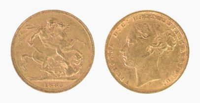 VICTORIAN 1885 GOLD FULL SOVEREIGN, young head and St George inverted, Melbourne mint, (VF)