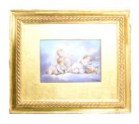 GEORGE JONES & SONS HAND-PAINTED PORCELAIN PLAQUE depicting winged cherubs with bouquets up in the