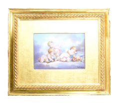 GEORGE JONES & SONS HAND-PAINTED PORCELAIN PLAQUE depicting winged cherubs with bouquets up in the