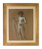 AUGUSTUS JOHN (1878-1961) CHALK AND CHARCOAL DRAWING ON COLOURED PAPER Female nude holding fabric