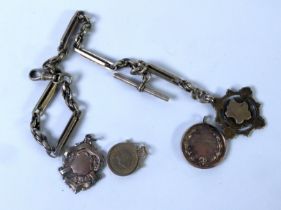 SILVER COLOURED METAL ALBERT with long and short links, hallmarked sivler guard, Birmingham 1896 and