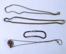 SILVER SNAKE CHAIN NECKLACE and SILVER PENDANT set with cabochon golden amber; SILVER S LINK CHAIN