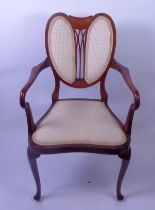 EDWARD VII INLAID WALNUT PARLOUR CHAIR, with butterfly back and hooped arms