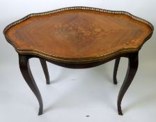 19th CENTURY FRENCH KINGWOOD AND FLORAL marquetry occasional table with tapering legs to brass