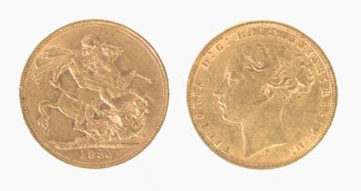 VICTORIAN 1880 GOLD FULL SOVEREIGN, young head and St George inverted, (EF)