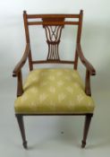 EDWARD III SATINWOOD INLAID parlour armchair with pierced splat , stuff over seat, and square